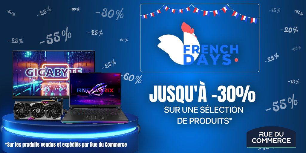 Les #FrenchDays continuent sur Rue du Commerce 🐓 Bénéficiez de nombreuses promotions sur une sélection de produits : bit.ly/3UwGxrQ 🇫🇷