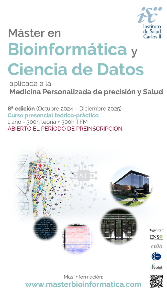 📢¿Quieres ser bioinformático/a? Ya puedes preinscribirte en el curso 24/25 del Máster en Bioinformática y Ciencia de Datos en Medicina Personalizada de Precisión y Salud Organizan @SaludISCIII @CNIOStopCancer @BSC_CNS @SEBiot_ Colabora @InstitutoRoche ℹ️ masterbioinformatica.com