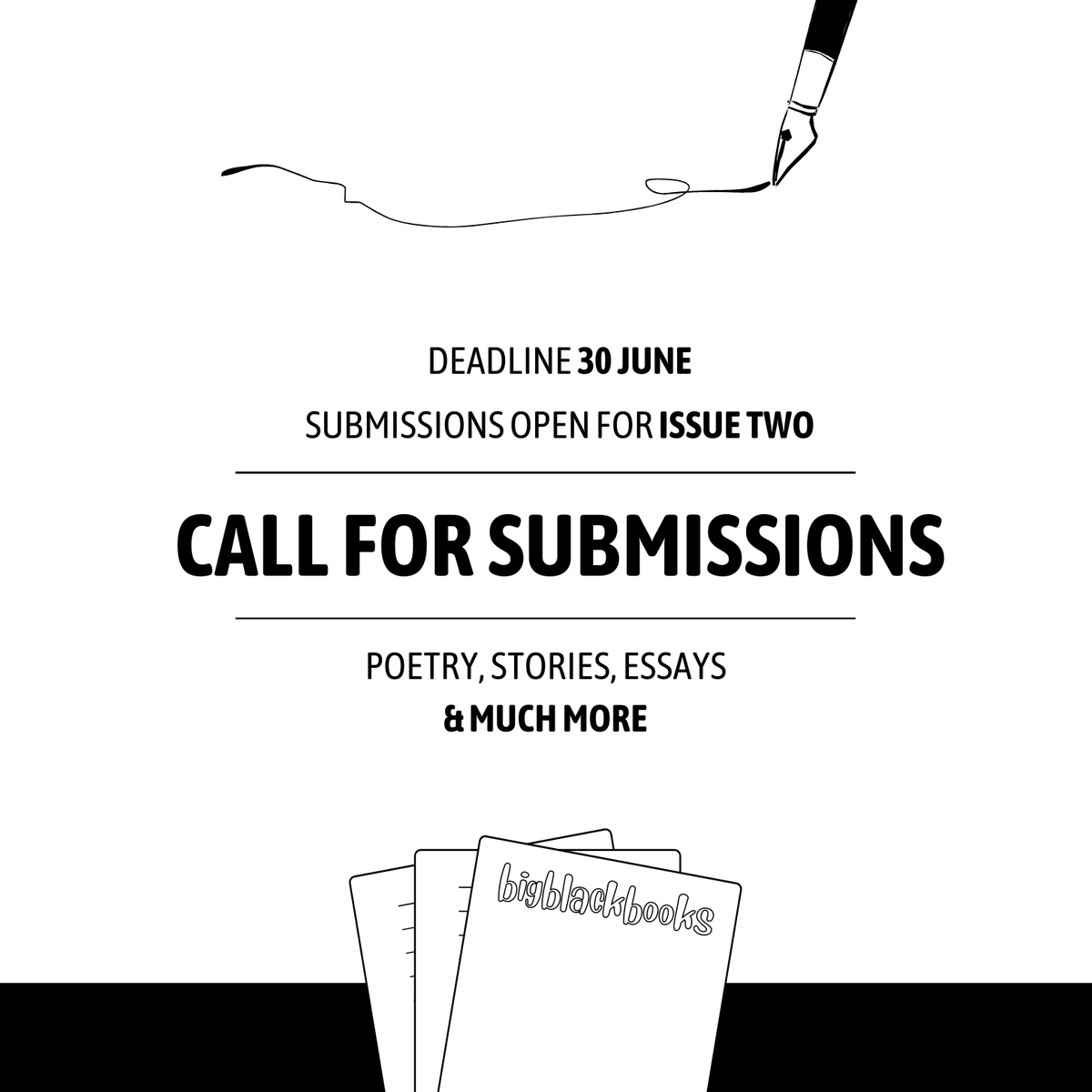 Submissions are now open for issue two of bigblackbooks, the online Black publication. Our issues feature the most promising emerging writers and put them in conversation with the big voices.

❔ bigblackbooks.org/issue-two
📩 BIGBLACKBOOKS@HOTMAIL.COM
🕐 DEADLINE 30 JUNE