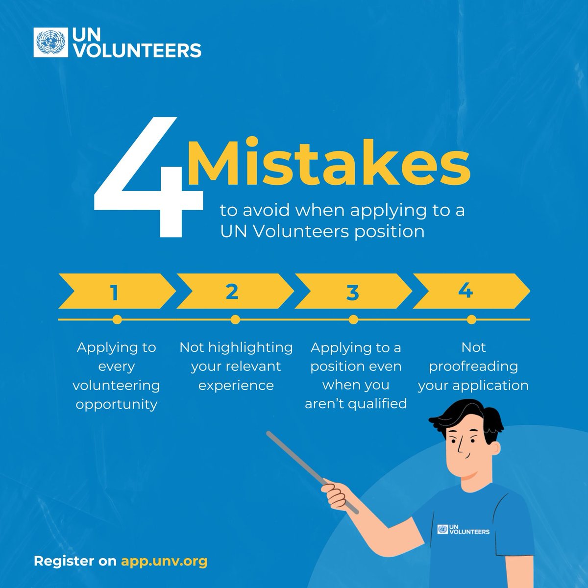 Are you applying for #UNVolunteer assignments?

Here are four common mistakes to avoid:

1⃣Applying for every opportunity,
2⃣Forgetting to mention relevant experiences,
3⃣Trying for roles you're not experienced enough for,
4⃣Forgetting to proofread your application.