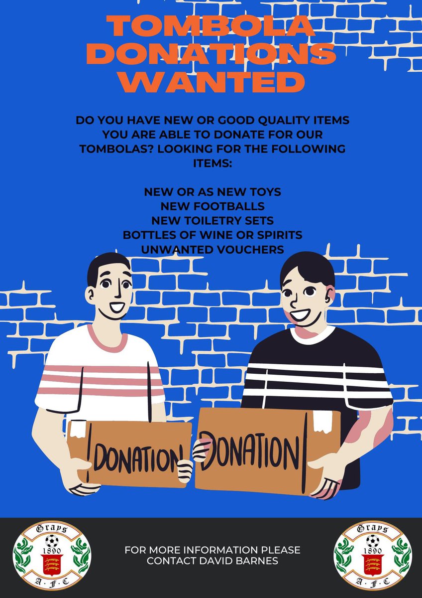 Tombola donations needed! If you have any new or as new items listed in the graphic, please get in touch! We're not looking for books, clothing or items which are significantly used. Thank you for your support 💙🔵⚪