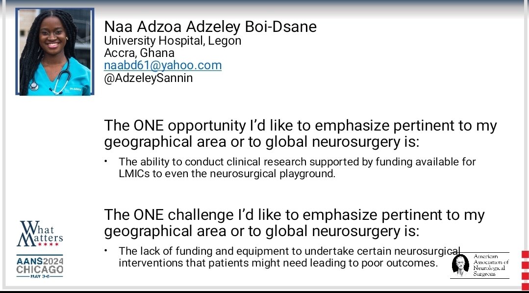 I was asked by the American Association of Neurological Surgeons to share my opinions on Neurosurgery coming from an LMIC. My response was showcased at the conference. This is what I said...😊