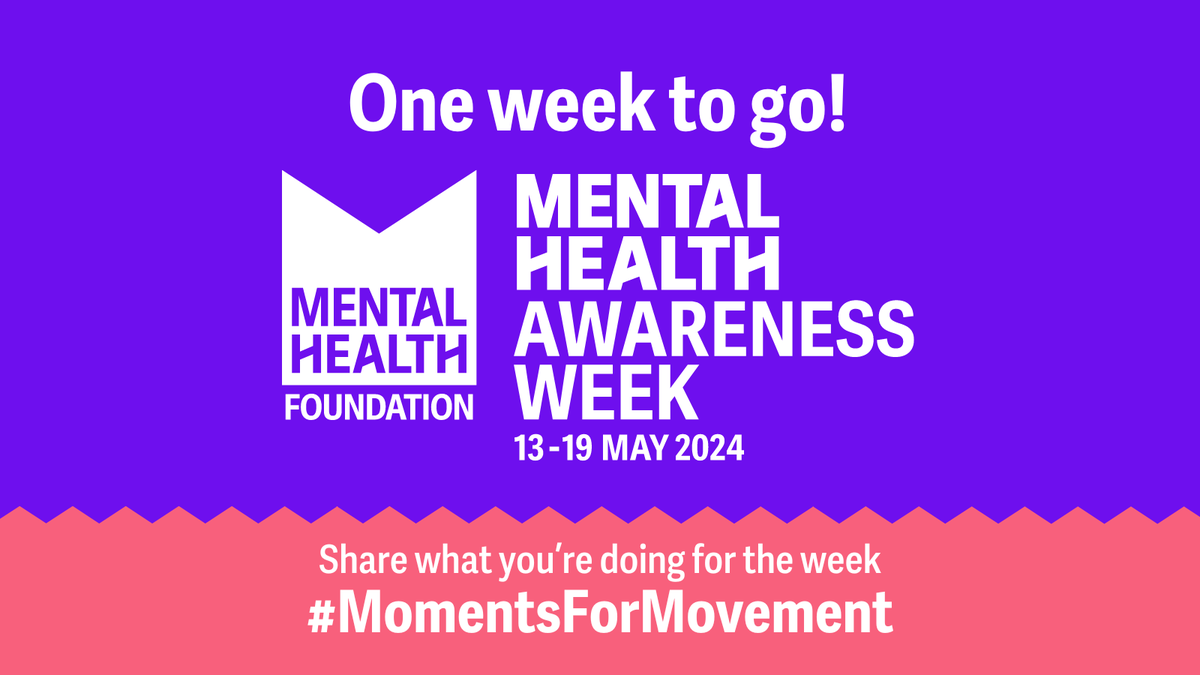 mentalhealth's tweet photo. Mental Health Awareness Week starts a week today! Join us from 13-19 May and let's all get moving more for our mental health.

Visit our website to find out how you can get involved: https://t.co/8bBYiXsF9g

#MomentsForMovement #MentalHealthAwarenessWeek https://t.co/2zUvRTvBHF