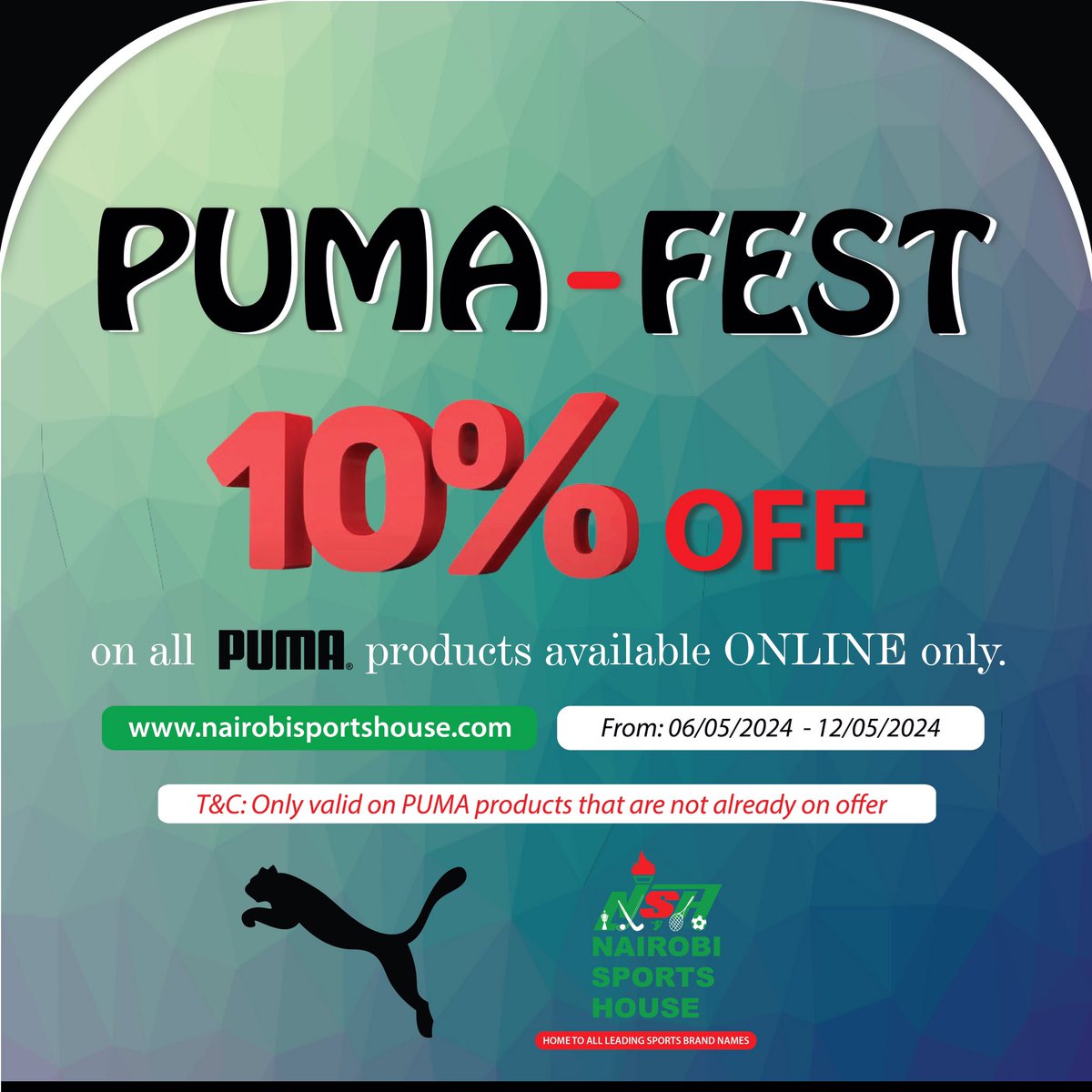 Another Week, Another Festival. This May we bring to you yet another brand festival. THE PUMA FESTIVAL🥳 10% Off on all Puma Items online except item's that are already on sale from the 6th-12th May 2024 Tap on the link 👇🏻 to get started nairobisportshouse.com/search/?q=puma…