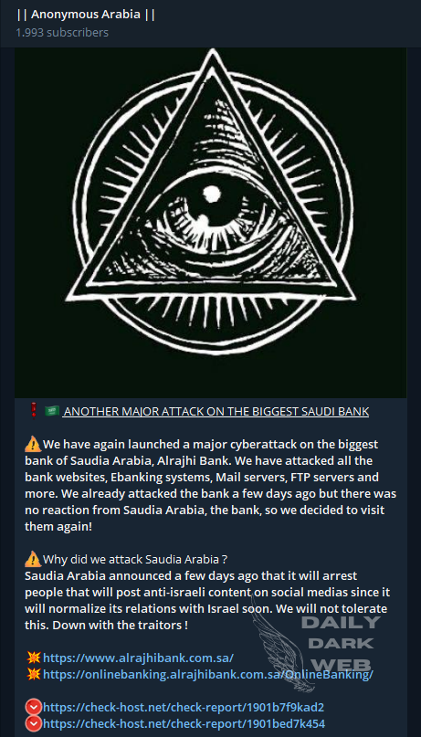 DailyDarkWeb's tweet image. #SaudiArabia 🇸🇦 - Anonymous Arabia Allegedly Targets Alrajhi Bank in Cyberattack Amid Political Tensions

dailydarkweb.net/anonymous-arab…

#DarkWeb #DDoS #bank #cyberattack