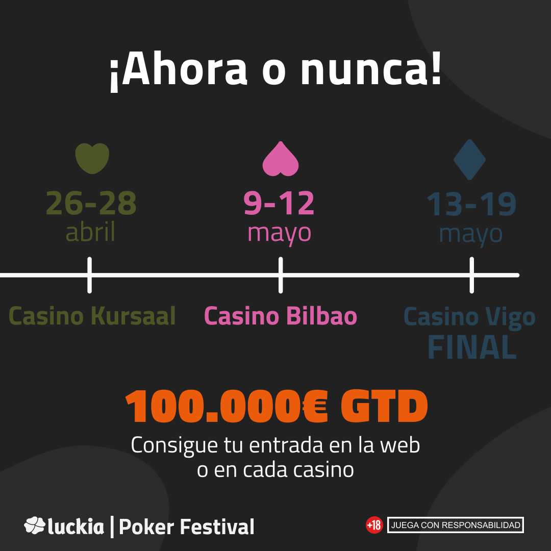 LuckiaPokerFest's tweet photo. ¿Quieres participar en el LPF 24 con 100.000k GTD?
👉 Puedes apuntarte al mejor torneo de poker en https://t.co/KpQlEIiV9A o en recepción del casino
¡No te quedes sin tu plaza! #LPF24 #LuckiaPokerFestival #CasinoBilbao https://t.co/Bd77ZTj5az