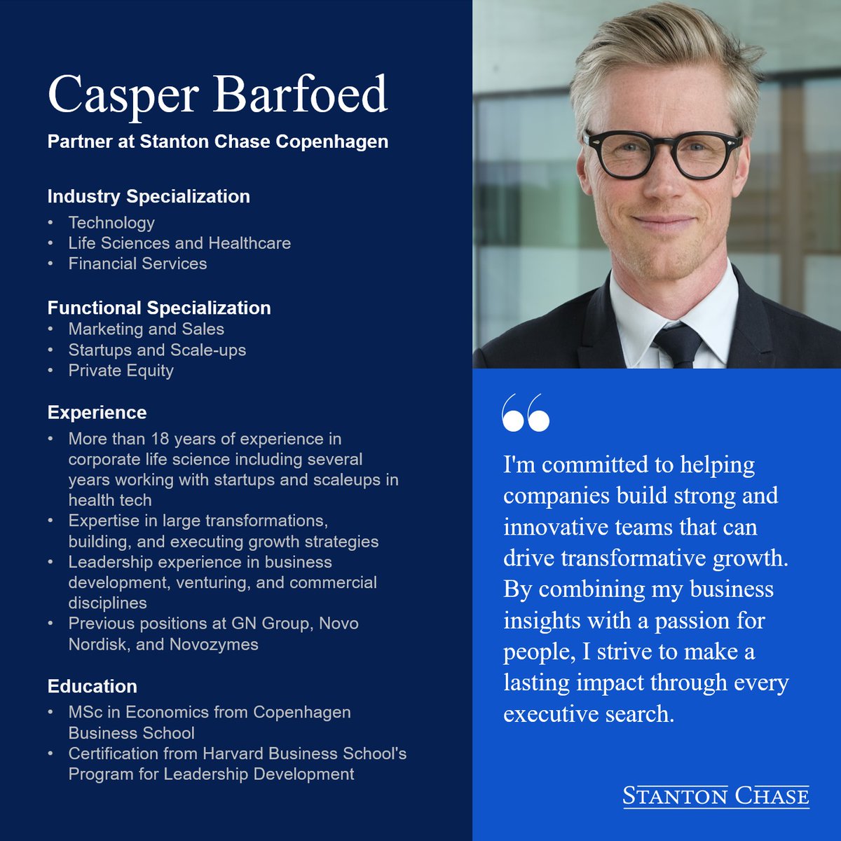 📢 Introducing Casper Barfoed, a Partner at Stanton Chase Copenhagen. 
Click here to learn more about him ➡️ ow.ly/pQxX50Rx46A

#technology #finance #lifesciences #healthcare #startups #scaleups #privateequity #executivesearch #leadershipconsulting