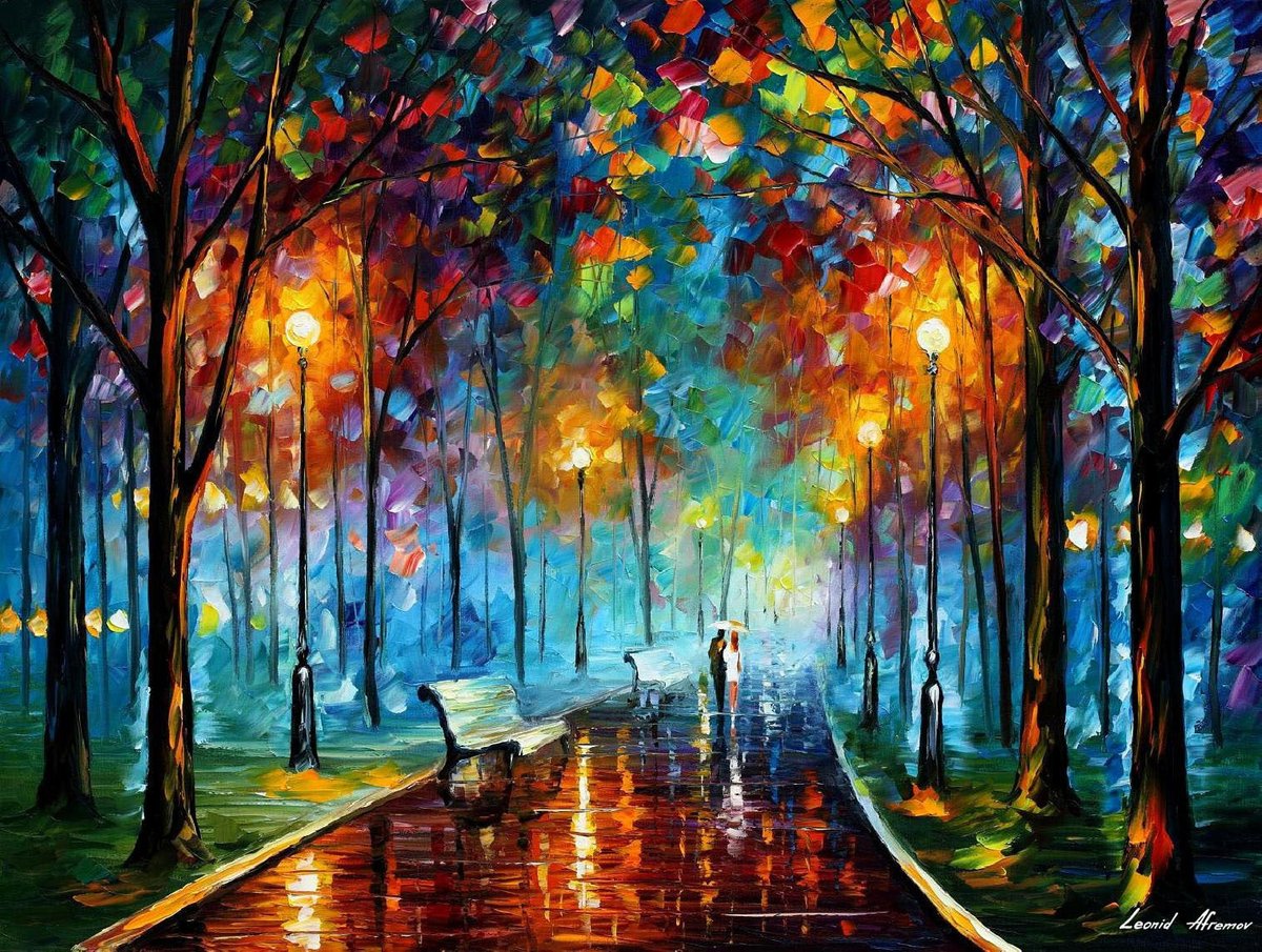 MISTY MOOD NIGHT - Large-Size Original Oil Painting ON CANVAS by Leonid Afremov (not mixed-media, print, or recreation artwork). 100% unique hand-painted painting. Today's price is $99 including shipping. COA provided afremov.com/misty-mood-nig…