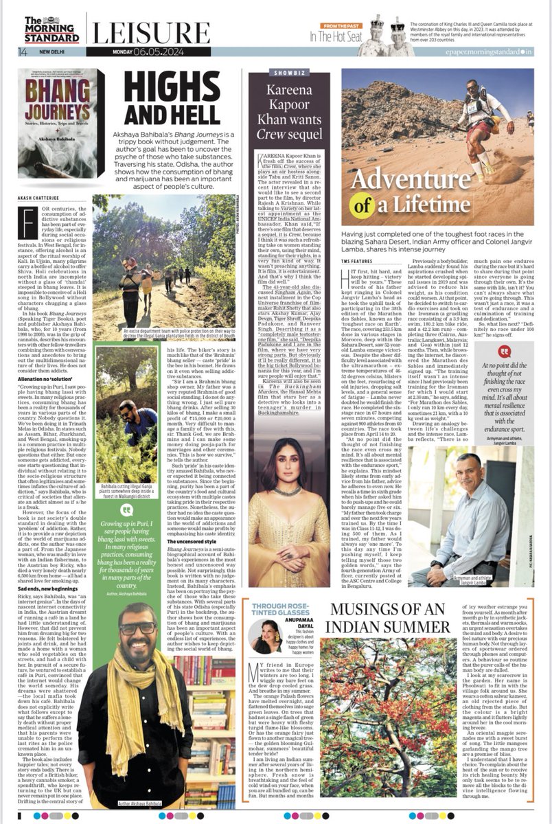 Akshaya Bahibala, Bhang Journeys and Kareena Kapoor make an appearance in today’s Morning Standard, The New Indian Express, Delhi Edition. @speakingtiger14