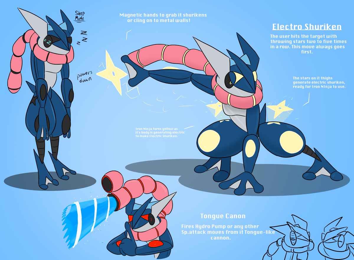 I'm delighted with how this came out. 
Pokemon Paradox: Iron Ninja.
A robotic being that looks like a Greninja from the distant future.  
I wanted to keep its design nice and simple, just like the official future paradox Pokemon. Not too much but also not too little.