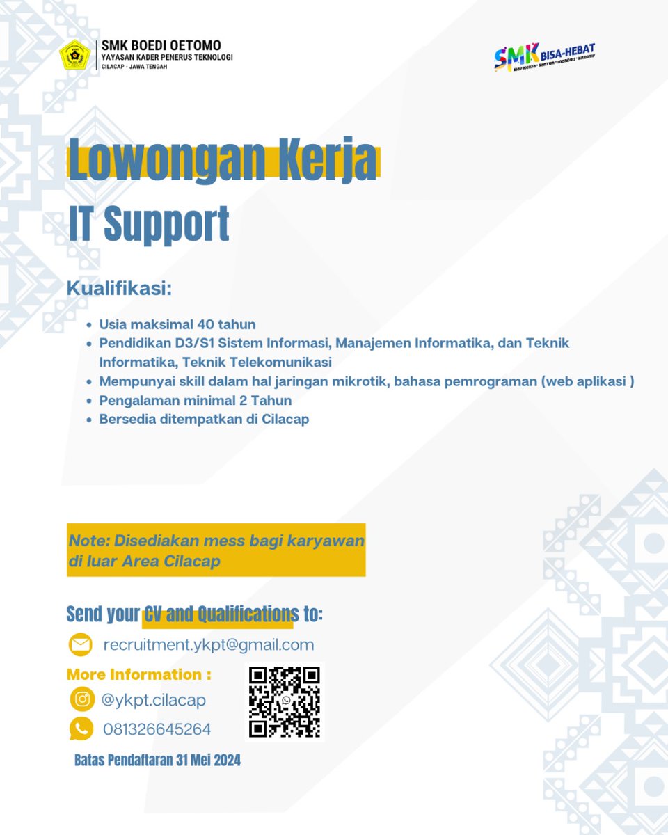 AdhitJWW's tweet image. Halo Sobat Karir,
Kami mencari talenta-talenta muda untuk bergabung sebagai :
IT-Support
Ayo kirim CV Anda ke :
Email : recruitment.ykpt@gmail.com
WA : 081326645264
*) Kualifikasi tertera pada POSTER.
#teknikinformatika #informatics #loker #lowker #lokerterbaru