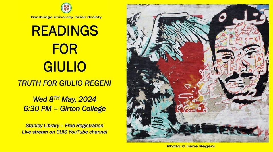 Cambridge University Italian Society @CUItSoc - Come and join us for our next event: Readings for Giulio - Truth for Giulio Regeni - see dramagroups.com #Events #May2024 - you can list your event at @DramaGroups absolutely free! #amdram @followers