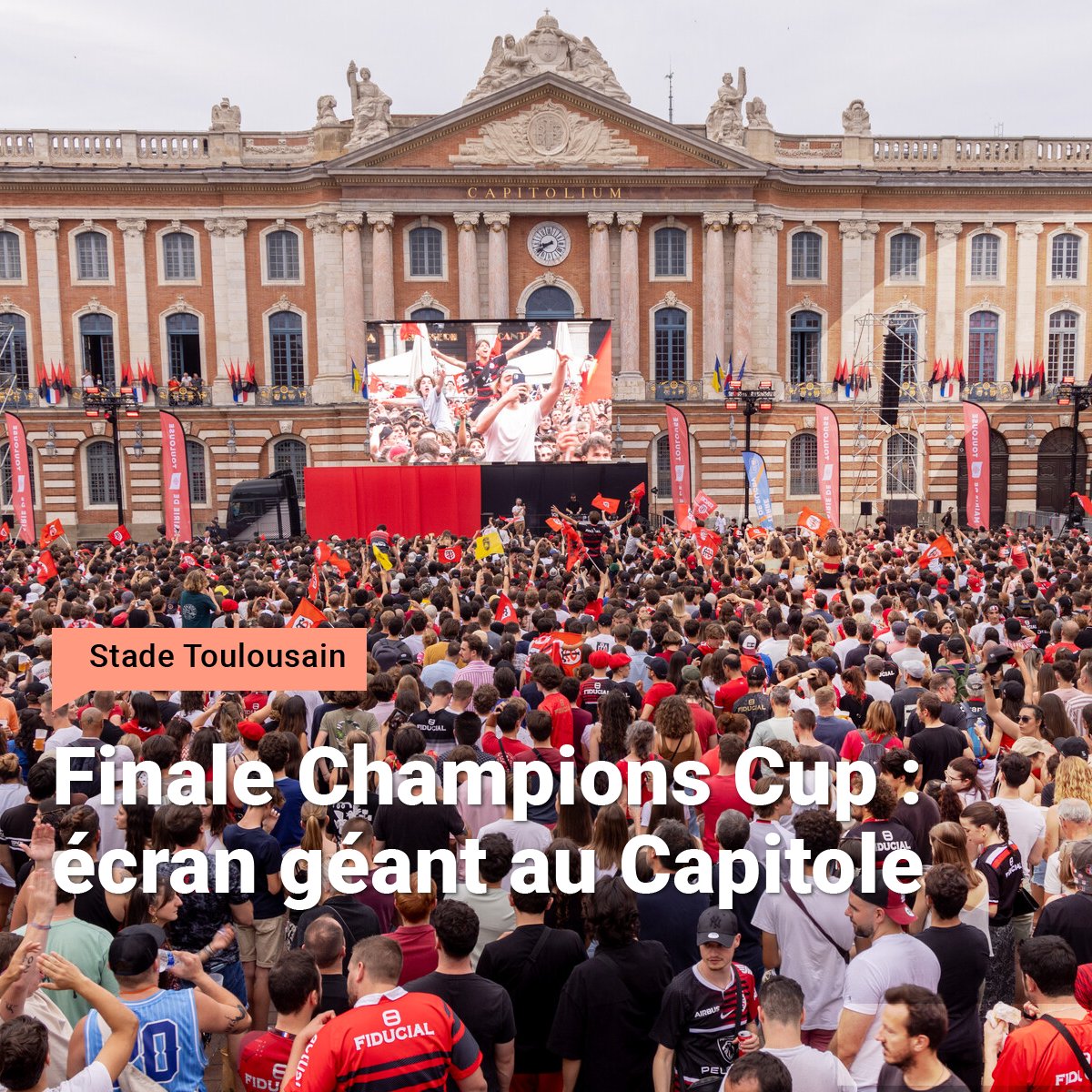 🏉 Hier, le @StadeToulousain🔴⚫️ s'est qualifié pour la finale de la Champions Cup. Il affrontera Leinster 🇮🇪 le 25 mai au Tottenham Hotspur Stadium de Londres. A cette occasion, la Mairie de Toulouse installera un écran géant sur la place du Capitole.