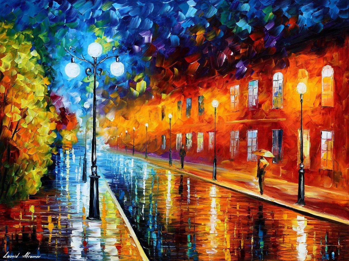 BLUE LIGHTS - Large-Size Original Oil Painting ON CANVAS by Leonid Afremov (not mixed-media, print, or recreation artwork). 100% unique hand-painted painting. Today's price is $99 including shipping. COA provided afremov.com/blue-lights-or…