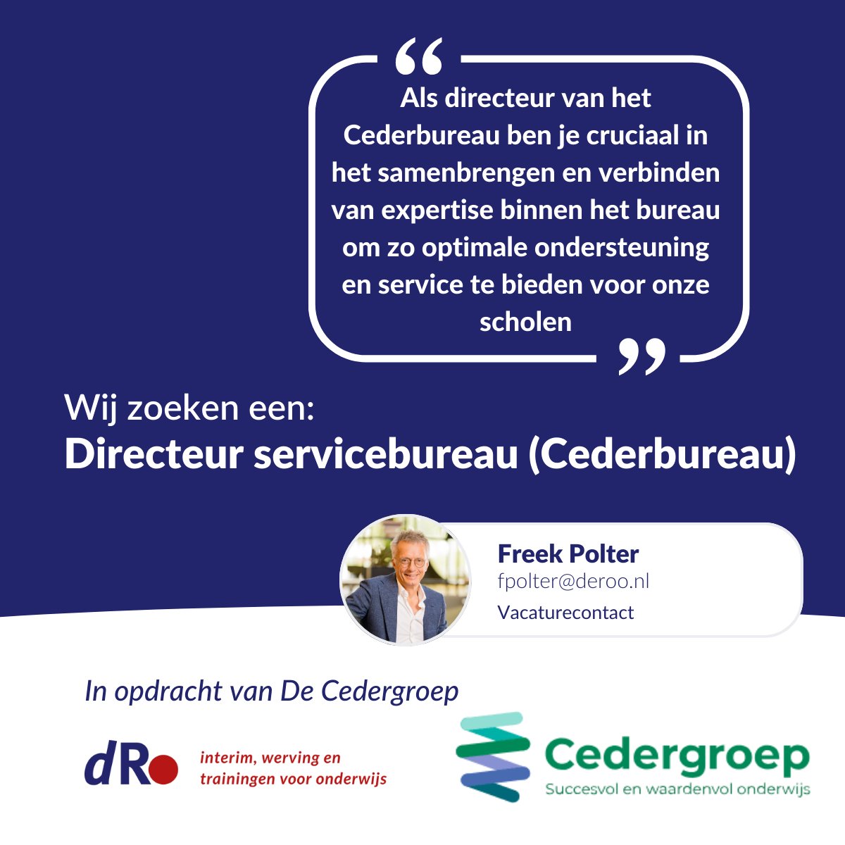 DeRoo_bv's tweet photo. Voor het servicebureau van de Stichting Cedergroep (Cederbureau) in Amstelveen zijn wij op zoek naar een Directeur.
https://t.co/WOkRfpIQJu
#vacature #onderwijs #servicebureau #directeur #amstelveen https://t.co/QtlWqL1n3V