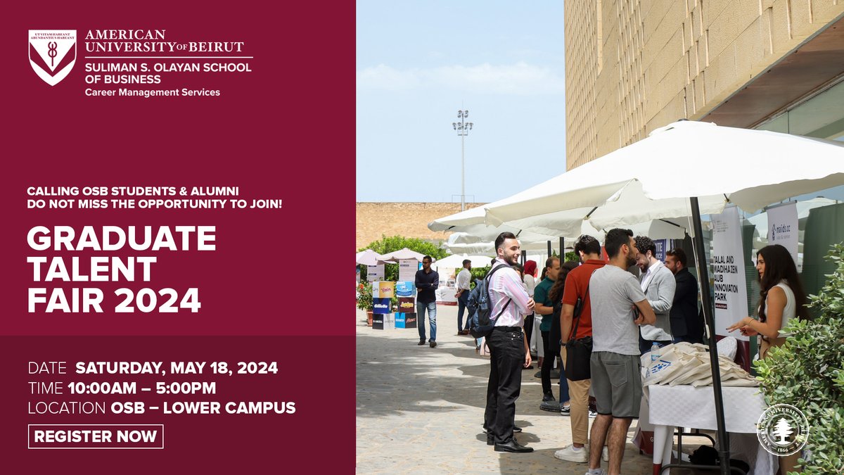 Dive into the diverse world of Business at the #AUB #OSB #GraduateTalentFair2024 on Saturday, May 18. Register now: bit.ly/4dclYtD
Companies interested in joining can reach out by email at osbcareers@aub.edu.lb
📍OSB Lower Campus
⏱️ 10:00 AM – 5:00 PM