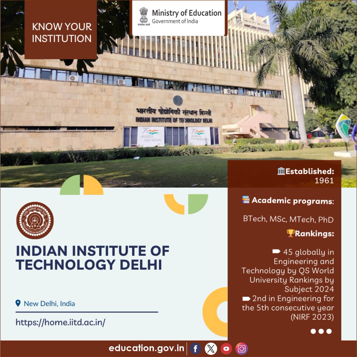 Know about the HEIs of India! Established in 1961 and bestowed with the esteemed status of an Institution of National Importance, @iitdelhi stands as a beacon of excellence in higher education and research. Acknowledged for its outstanding contributions to the field, the…