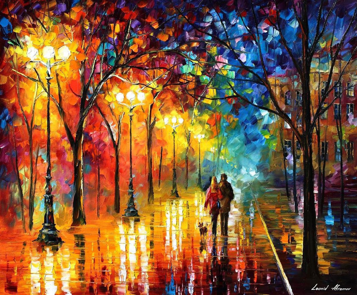 NIGHT FANTASY - Large-Size Original Oil Painting ON CANVAS by Leonid Afremov (not mixed-media, print, or recreation artwork). 100% unique hand-painted painting. Today's price is $99 including shipping. COA provided afremov.com/happy-sunflowe…