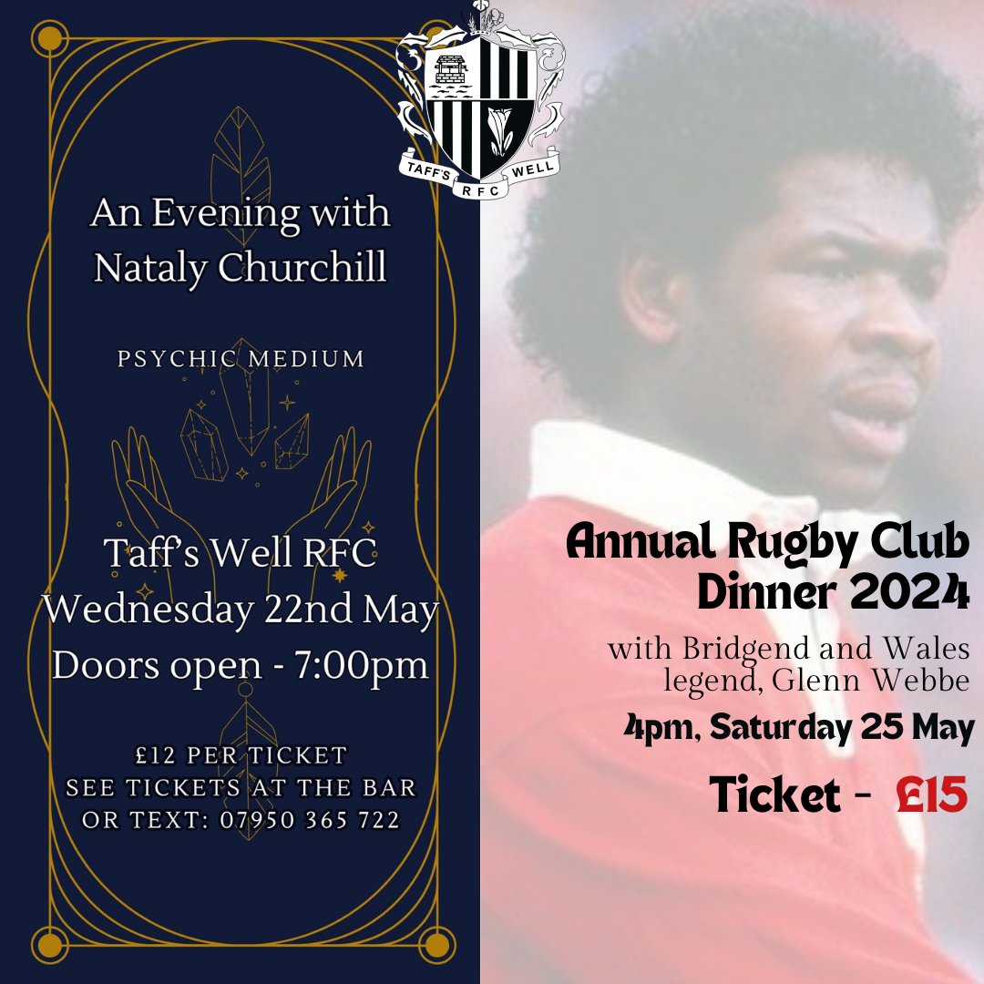 May Dates for the Diary 🤩 Tickets available NOW

Wednesday 22nd - Evening with renowned Psychic Medium Nataly Churchill 

Saturday 25th - Annual Club Dinner, with Bridgend and Welsh legend Glenn Webbe 

Make a date with us in May!

#UptheWell⚫️⚪️⚫️