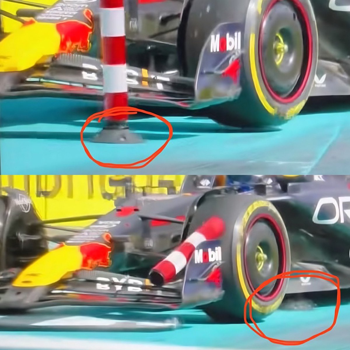 The possible location of damage on Verstappen’s RB20 after his contact with the bollard in the #MiamiGP.