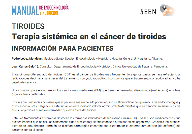 🆕 #ManualSEEN para #pacientes 👉 Terapia sistémica en el #cáncer de #tiroides Por los Dres. Pedro López Mondéjar y Juan Carlos Galofré de @sociedadSEEN ℹ swki.me/XUnD2n9i