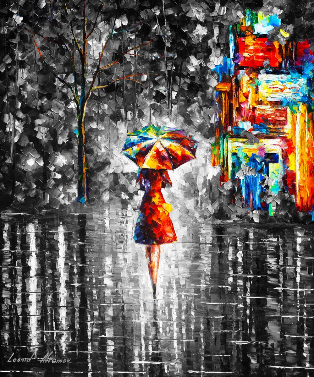 RAIN PRINCESS B&W - Large-Size Original Oil Painting ON CANVAS by Leonid Afremov (not mixed-media, print, or recreation artwork). 100% unique hand-painted painting. Today's price is $99 including shipping. COA provided afremov.com/rain-princess-…