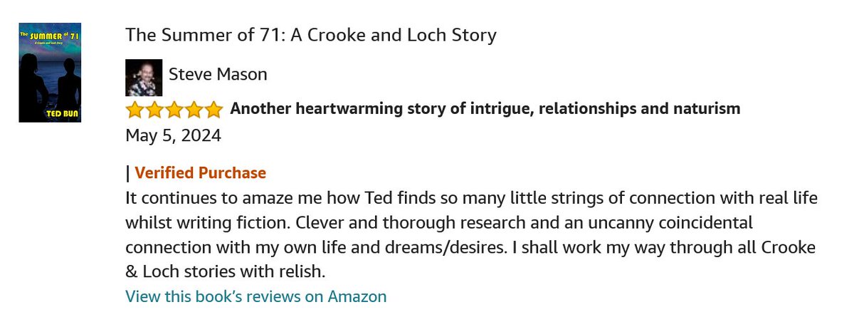 Author_Mr_Ted_B's tweet photo. Steve, @EssarrMason has been reading and enjoying a lot of my books of late and I owe him a big THANK You for this 🌟🌟🌟🌟🌟review of The Summer of '71.
Read it for yourself https://t.co/1SojRxb8HC
#Kindle #KindleUnlimited #Realbook https://t.co/eV6HvZka7B