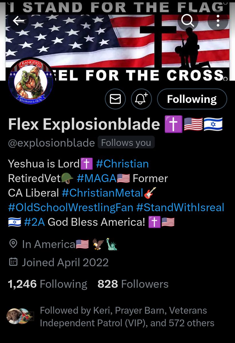 Hey 🇺🇸 America help get this 🇺🇸 Veteran to 1000 followers. Flex Explosionblade @explosionblade is a Christian Veteran into ChristianMetal music. Big 2A supporter. Also Stands with Israel. Come on 🇺🇸 America help show this 🇺🇸 American Veteran how much we care for our Veterans…