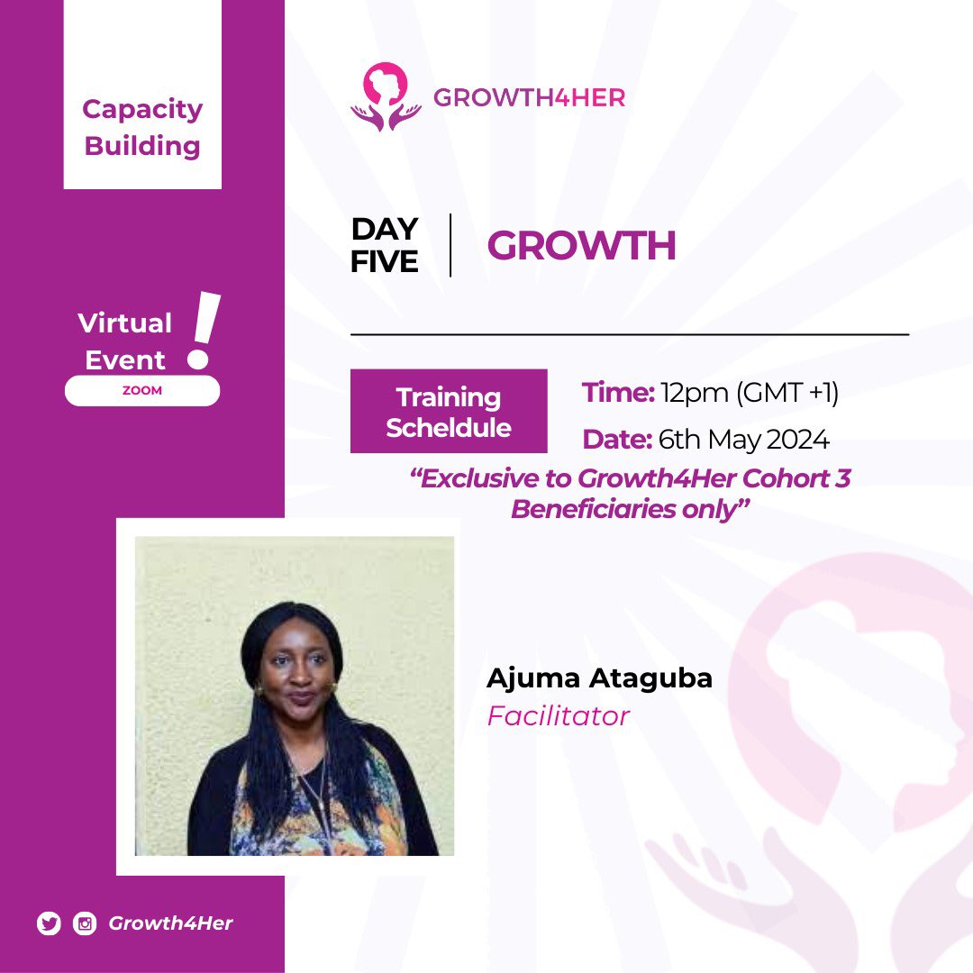 UUmeokeke's tweet photo. Today, we move into the 2nd week of the Cohort-3 Class. We'll deal with the topic "GROWTH" today, as every entrepreneur is desirous and is expected to grow in their business venture. We look forward to an amazing session today! #Growth #Growth4Her #WomenEntrepreneurs #Cohort3 https://t.co/psn6Hy2xV3