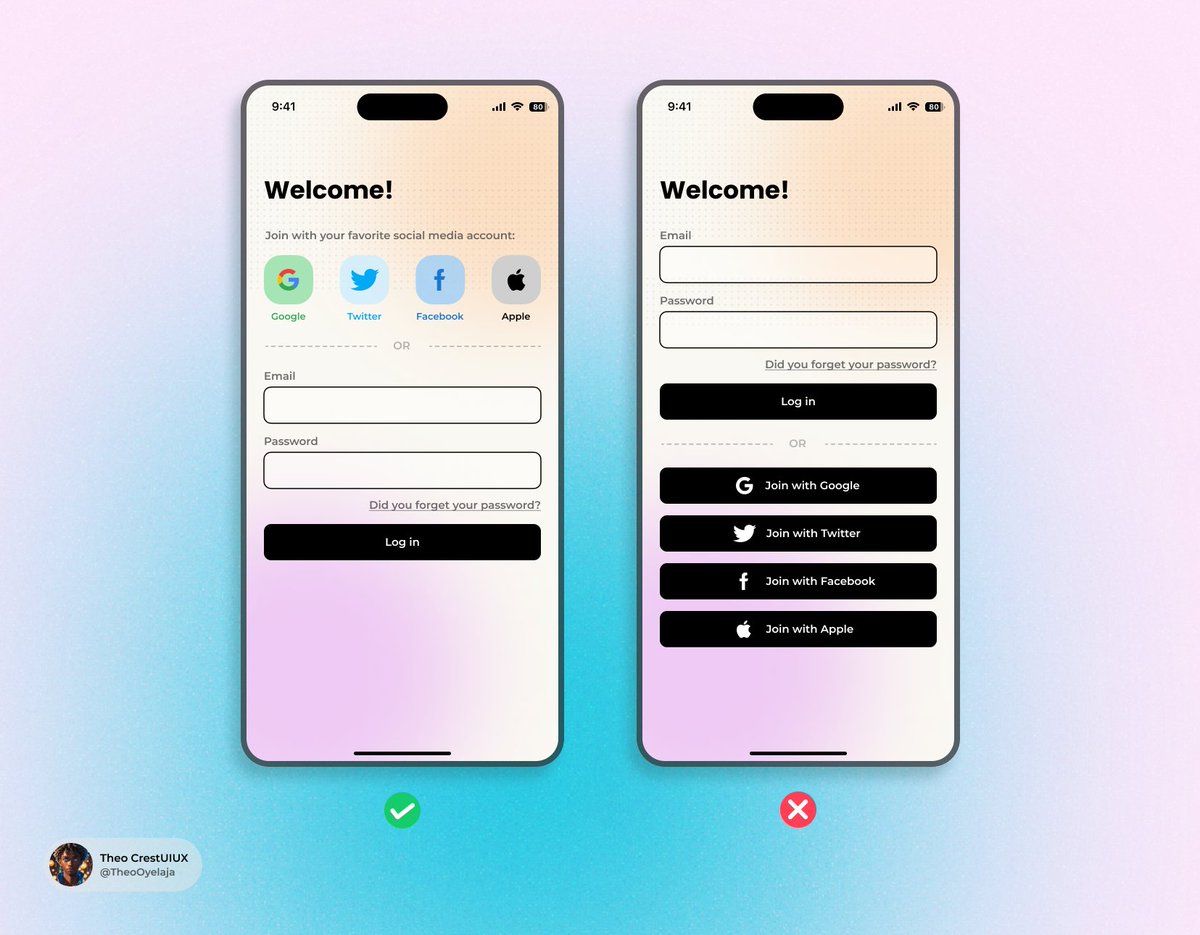 I designed something based on a UI design tip I came across.

Social login for ease and conversion boost, and Email-password authentication option for privacy-oriented people.

What do you think?
#uidesign #designtips