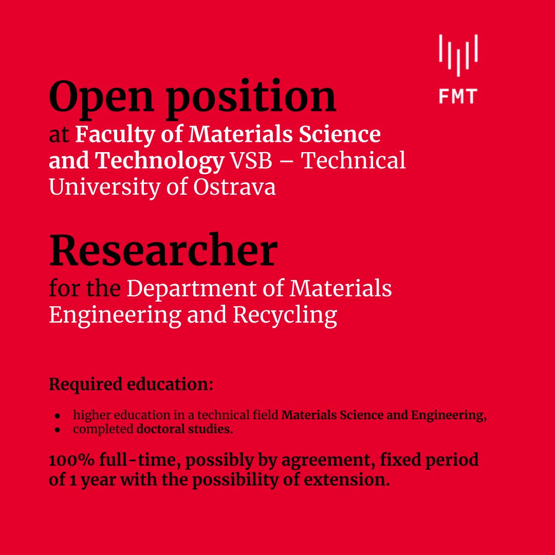 Open position at Faculty of #MaterialsScience and #Technology VSB – Technical University of #Ostrava @vsbtuo: #Researcher for the Department of #MaterialsEngineering and #Recycling

Read more: researchjobs.cz/rXxe4

#materialScience #engineering #postdocjobs