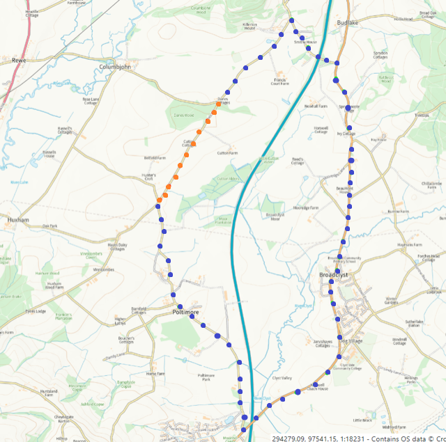 Part of the road from Killerton to Poltimore will be closed from tomorrow, Tues 7 May, to Fri 10 May, to allow 3 dangerous trees to be removed. There will be a signed diversion, shown on this map. The orange dots are the closed section, the blue dots are the diversion route.
