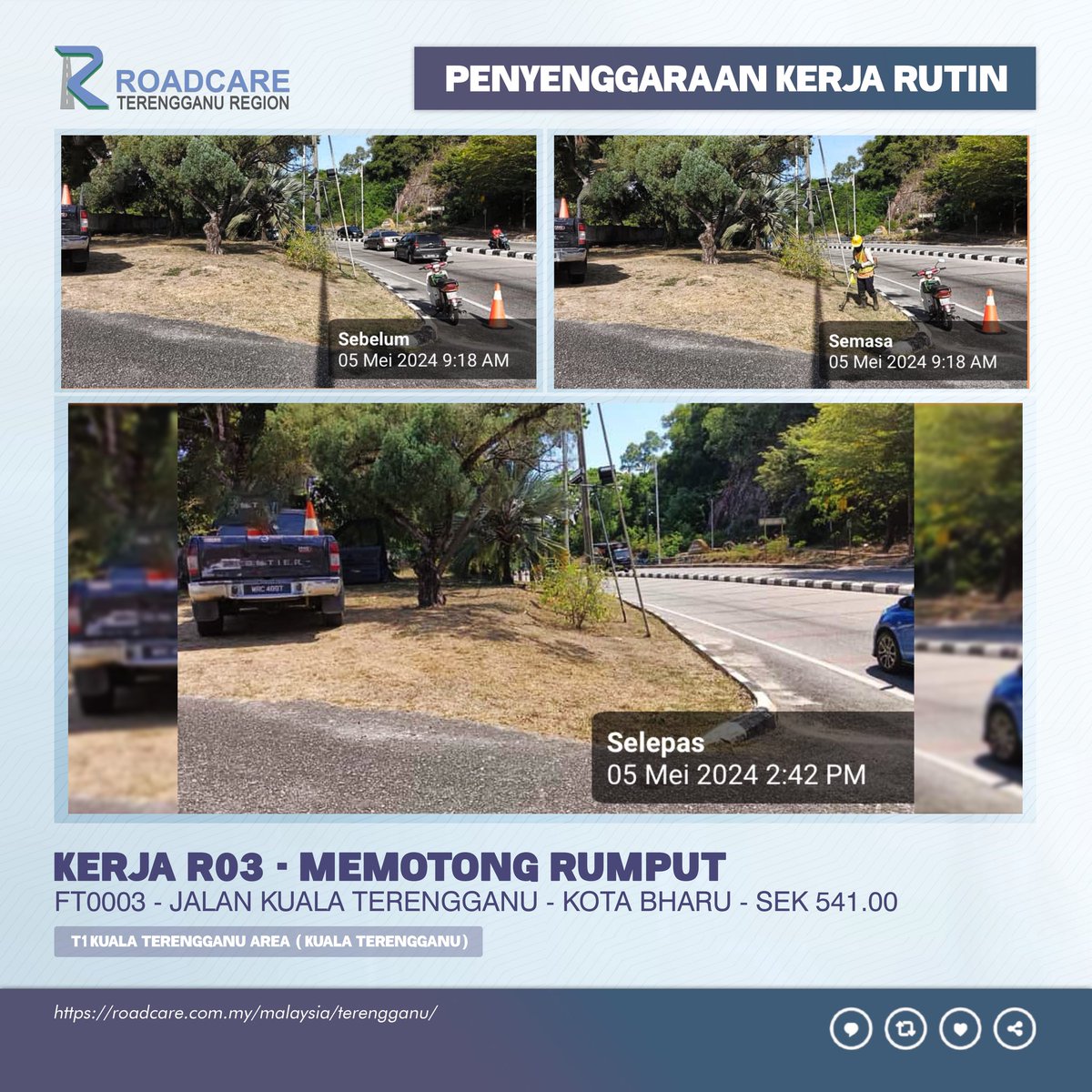 🚧 Kerja Penyenggaraan Rutin R03 - Memotong Rumput.

5 Mei | Kerja R03 di FT0003 Sek. 541.00 di daerah #KualaTerengganu disenggarakan oleh #teamroadcare bagi keselesaan pengguna Jalan Persekutuan.

#InfoJKR #InfoKKR

@MOWorks @CSFJ_JKR @JKR_KT  @Roadcare_HQ  @ElizaSufinahJKR

📷;