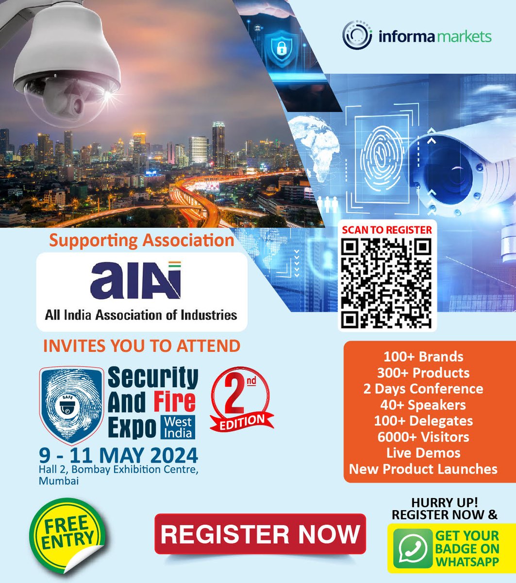 All India Association of Industries (AIAI) is supporting Security and Fire Expo (West India). The exhibition will be happening on 9-11 May 2024 at Hall 2, Bombay Exhibition Centre, Mumbai.
Registration Link:
…r-registration-west.safeindiaexpo.com/.../...
 #safewest2024 #securitymanagement