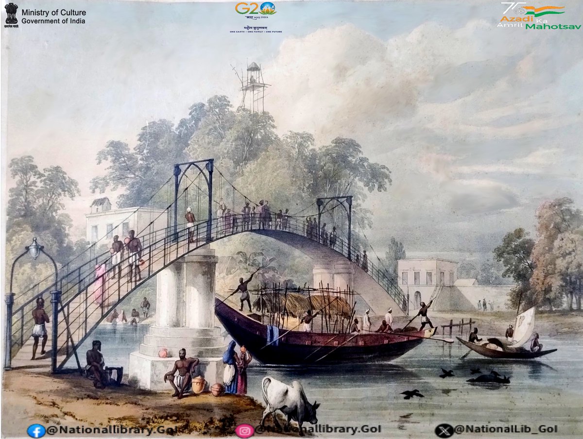 NationalLib_GoI's tweet image. Suspension Bridge at Alipore over Tolly's Nulla
"Views of Calcutta and its Environs"
Sir Charles D’oyly
Call No.- AC 915.414084 D
Published: 1848
From Asutosh Collection, National Library  
These lithographic paintings represent Calcutta in the 1830s.
#libraryforall #booksforall