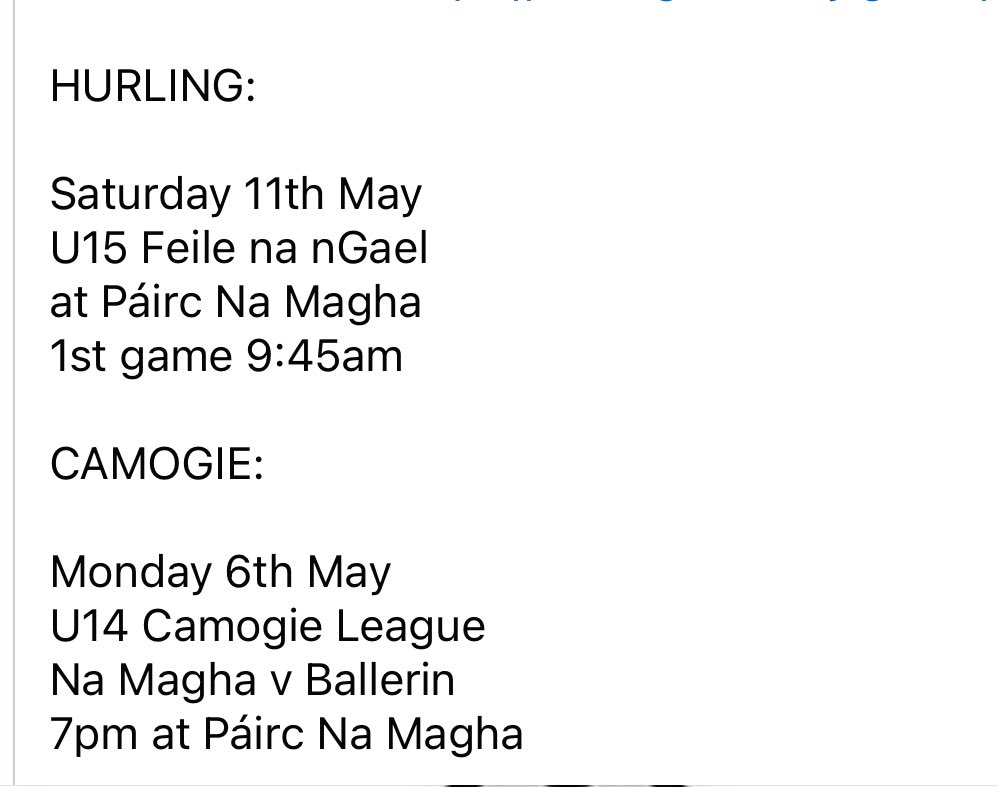 See fixtures below for week beginning 6th May ⬇️ Please note that fixtures are always subject to change and all Hurling fixtures and results can be found on our website - namagha.derry.gaa.ie