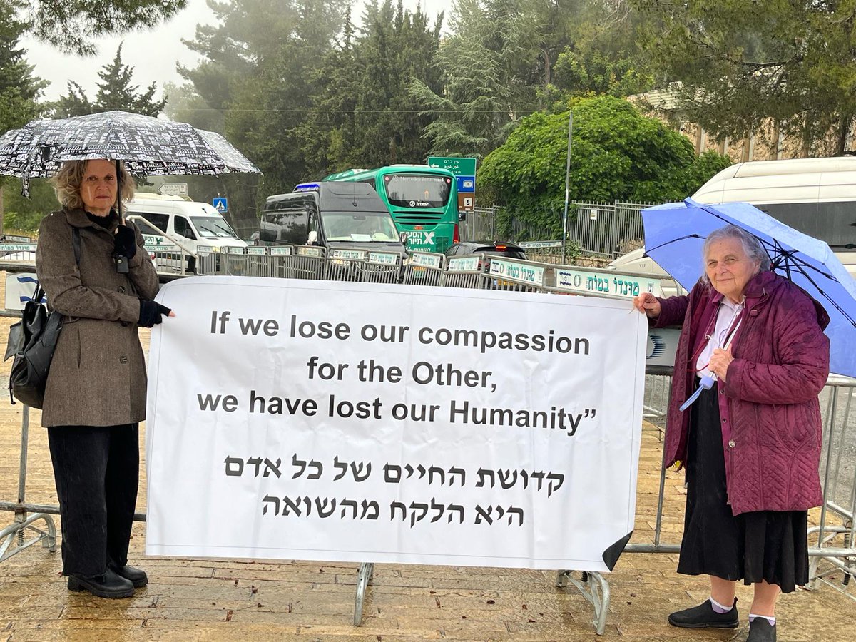 A small group of Holocaust survivors and some second-generation demonstrated outside Yad Vashem this morning. 'If we loose our compassion for the Other, we have lost our Humanity' - let this be a lesson we learn from the Holocaust and its survivors.