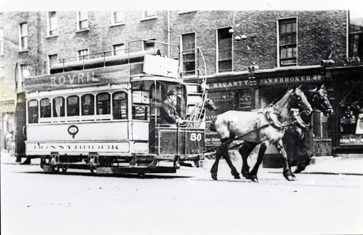 A horse drawn tram from Dublin United Tramways, Route Donnybrook, Car No. 50 c. 1895 from the Dublin Tramways Collection. Bovril seems to have been a frequent advertiser at the time!  #visitdublin #vintagedublin #timetraveller
