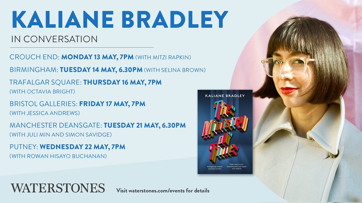 We are the first store to welcome @ka_bradley on her tour for The Ministry of Time! We are so excited for this debut of the year ✨🤩 Tickets available waterstones.com/events/kaliane… Please note this event will be recorded for First Draft Podcast @FirstDraftADOW @SceptreBooks