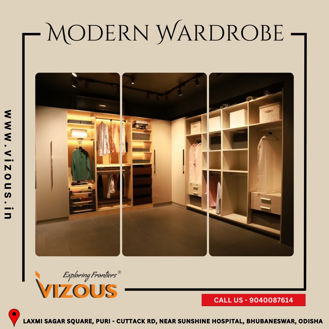 Discover Vizous Interio’s wardrobe designs where elegance meets innovation. 🗝️✨ Customized for your style, our wardrobes offer smart storage solutions. #DesignYourDream with eco-friendly materials. #OrganizeInStyle and embrace Bhubaneswar’s charm. #CraftsmanshipAtItsBest