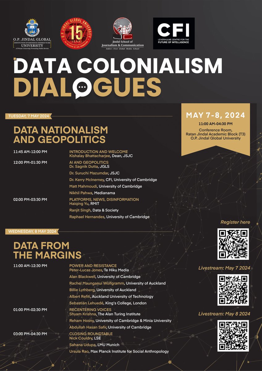 Coming up @jsjc_jgu: #Data #Colonialism #Dialogues with #CFI on May 7 and 8, 11 am-4.30 pm IST with an opening note by our dean @kishalay The key question we ask: do #data and #technology create new power structures? Scan the QR code to register for this event or watch live.