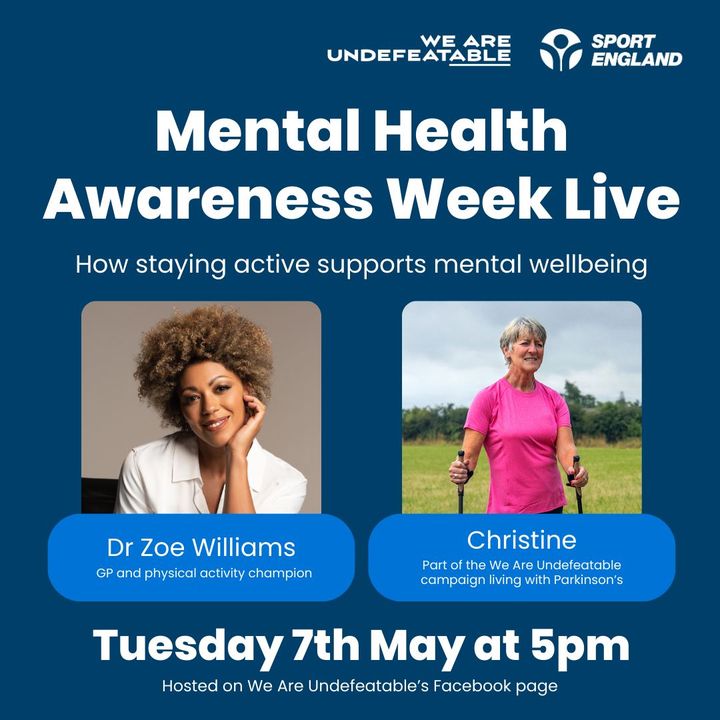Join us live tomorrow! @DrZoeWilliams and Christine will discuss how staying active supports your mental wellbeing 💚 Join live at 5pm on Tuesday 7th May through the link below 👇 fb.me/e/8qiFrv0mU