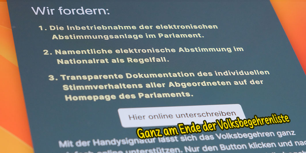 📢 Jetzt für ein transparentes Parlament unterschreiben! Die Bevölkerung sollte wissen, wie die 183 🇦🇹 Abgeordneten im @OeParl abstimmen. eVotinganlage ist vorhanden, muss aber auch in Betrieb gehen. Dafür braucht es jetzt eure Stimmen!#transparenzbegehren transparenzimparlament.at