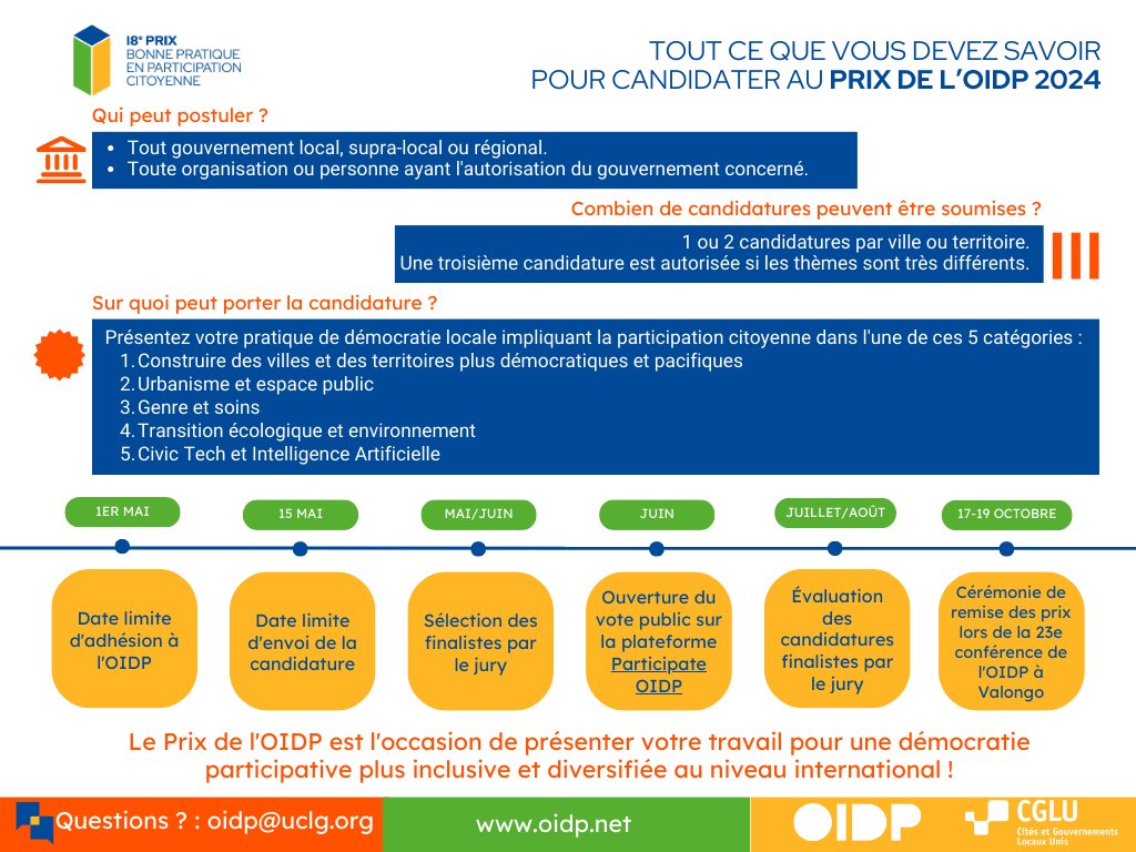 📢DERNIÈRES SEMAINES pour postuler au #PrixOIDP ! ⏲️ Soumettez vos meilleures pratiques et faites partie de l'écosystème 🌎 de la #démocratie participative ! ✨Candidatez dans l'une des 5⃣catégories Plus d'informations👉oidp.net/distinction/fr/