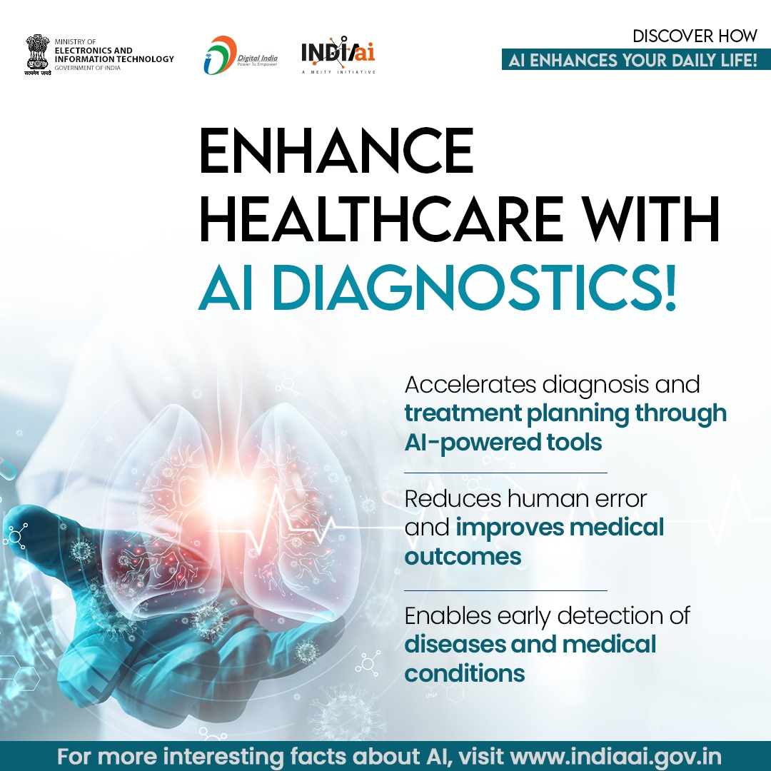🤖AI is transforming healthcare diagnostics! 💬 By analyzing medical imaging data and detecting patterns, AI assists doctors in making accurate diagnoses and improving patient care. Experience the future of #AIinHealthcare at indiaai.gov.in #AIDiagnostics…