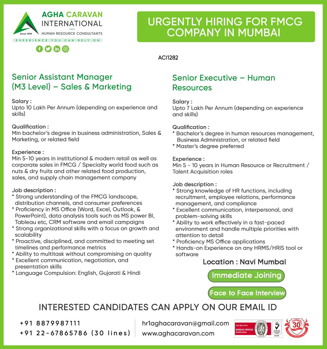 Greetings from Agha Caravan!
Kindly apply on the given email with your updated CV and position in the subject line.
Thank you.
#acijobs #jobseekers #mumbaijobs #mumbai #assistantmanager #humanresources #executive #applynow #jobvacancy #Jobopportunity