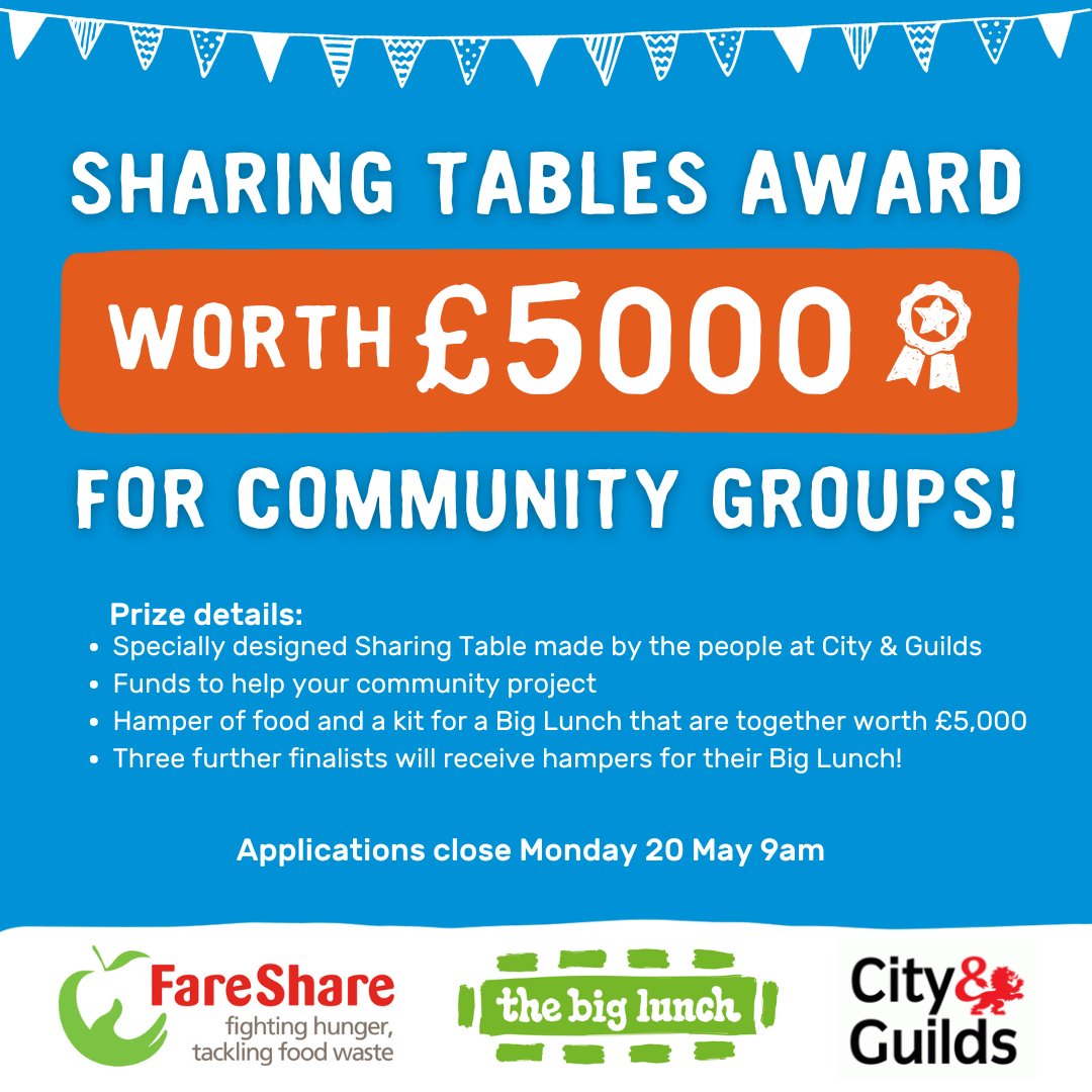 CALLING ALL COMMUNITY GROUPS – win a prize bundle worth £5000 🥳🎉 Together with our friends @FareShareUK and @cityandguilds, we’ve launched the Sharing Tables Award, giving you a chance to win everything in the graphic below! Apply now: bit.ly/SharingTablesA…