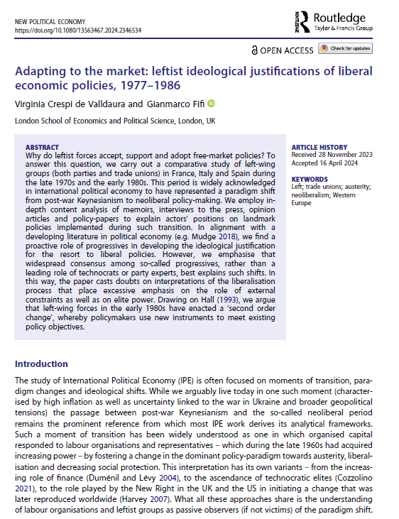 📢New Publication In this @NPEjournal paper, with Virginia Crespi de Valldaura, we analyse the policies of social-democratic governments in 🇨🇵🇮🇹🇪🇦 during the late 1970s-early1980s. tandfonline.com/doi/full/10.10…