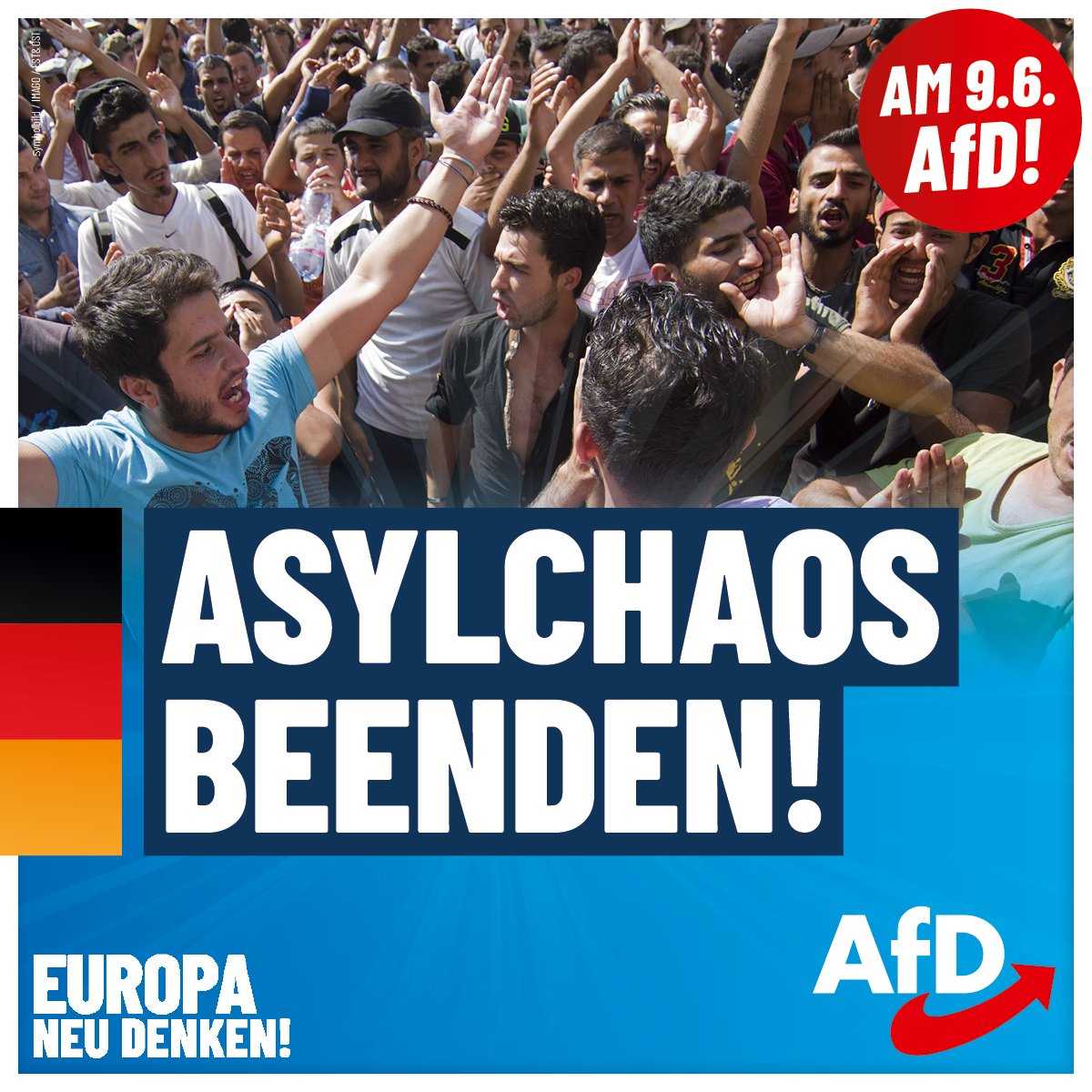 Wusstest Du, wie die AfD das Asylchaos beenden will?  Die AfD fordert, dass die #Nationalstaaten über die Asylpolitik entscheiden. Die #EU hat uns nicht zu diktieren, wen wir aufnehmen! #DeshalbAfD  Informiere Dich jetzt auf afd.de/europa-neu-den…... über unsere Ziele für