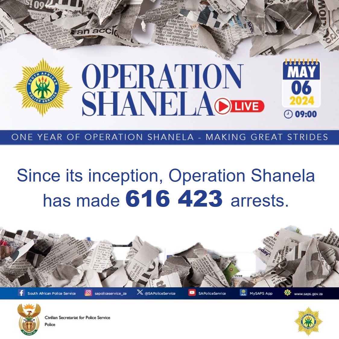 This week marks a year since police adopted OPERATION SHANELA. This is a multidisciplinary approach to fight crime by heightening police visibility. From 8May 2023 to date, 616 424 suspects have been arrested.22 525 unlicensed/illegal firearms have also been seized.